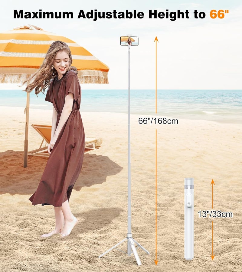 TONEOF 66" Automatic Phone Tripod with Magnetic Rechargable Remote,Selfie Stick 360° Vertical & Horizontal Rotatable,Stable for iPhone/Android(White) - Image 3